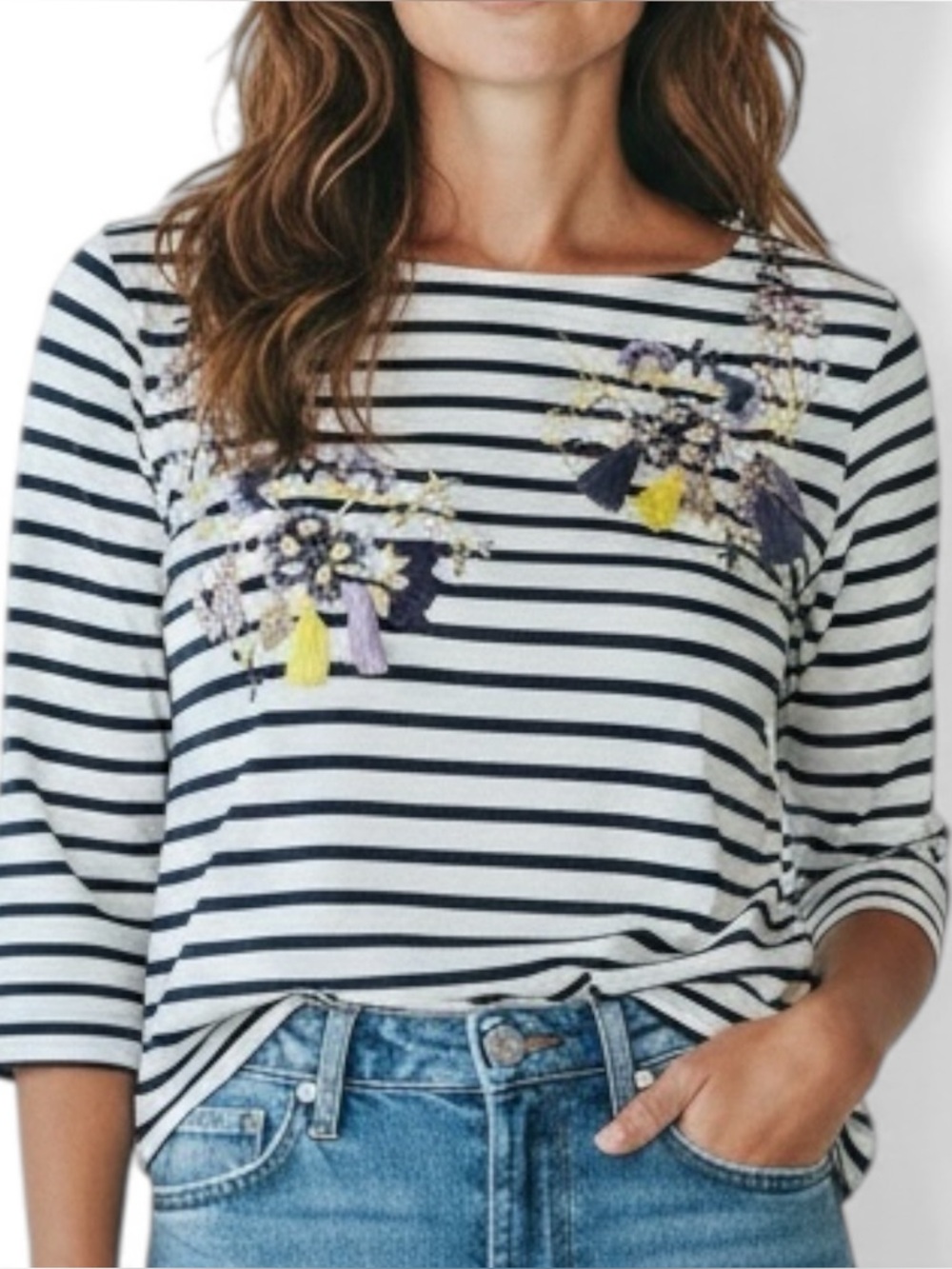 Chico’s Sz 1P blue white 1/2 Sleeve embroidery flowers tassels luxury top | EUC